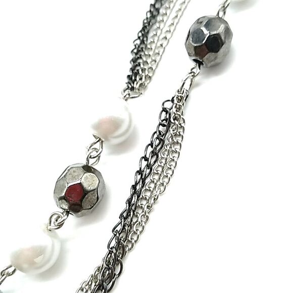 Express Bead Chain Necklace Long Faux Gray Pearls Black Beads on Layered Chains - Picture 5 of 15